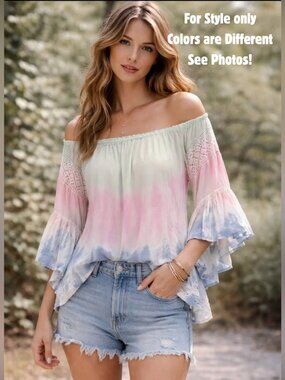 Surf Gypsy Tie-Dye Off-Shoulder Ruffle Top Boho Beach | Size M | Eyelet Lace